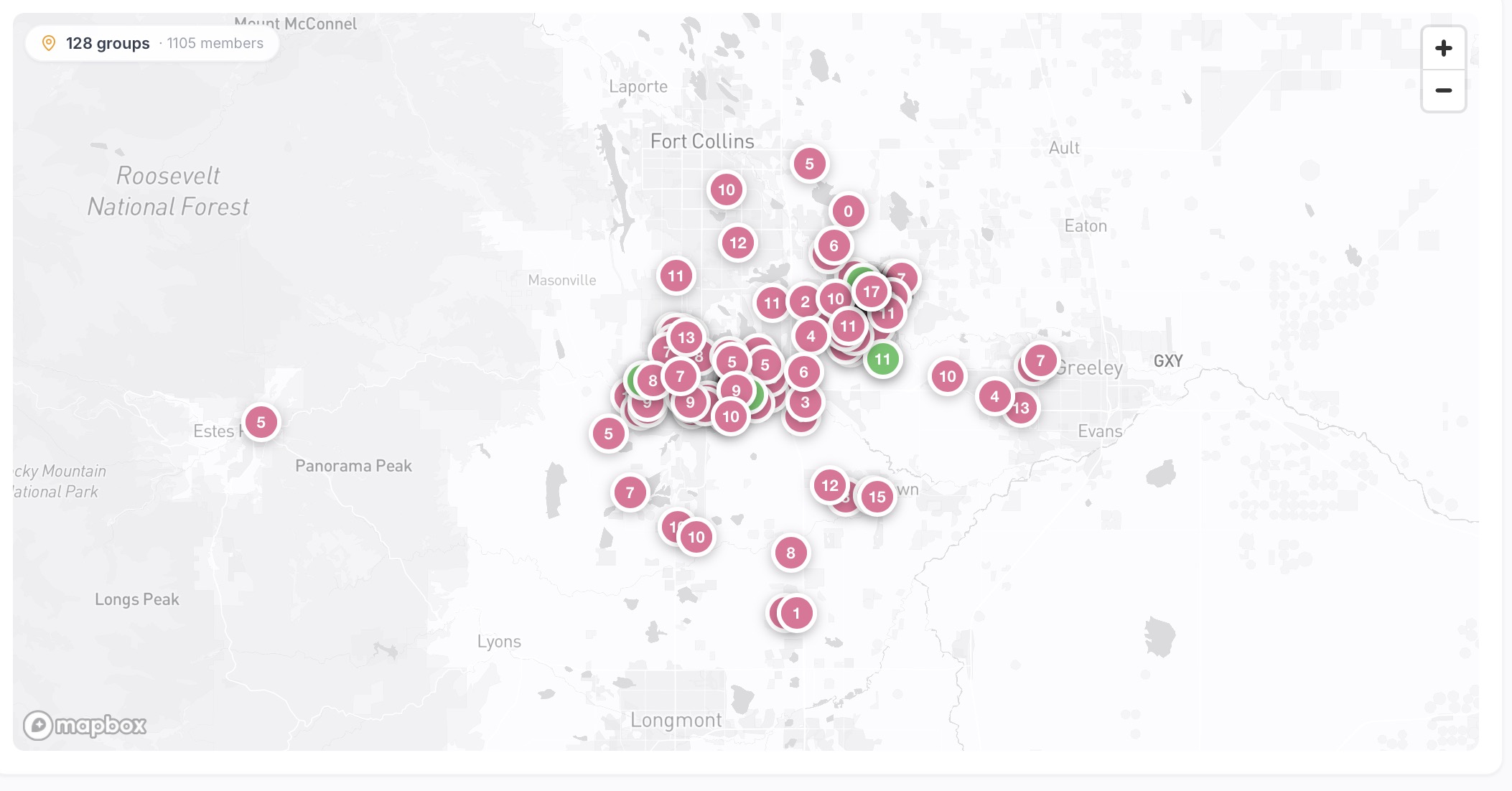 Interactive map showing 128 small groups and 1,105 members clustered across the Fort Collins area