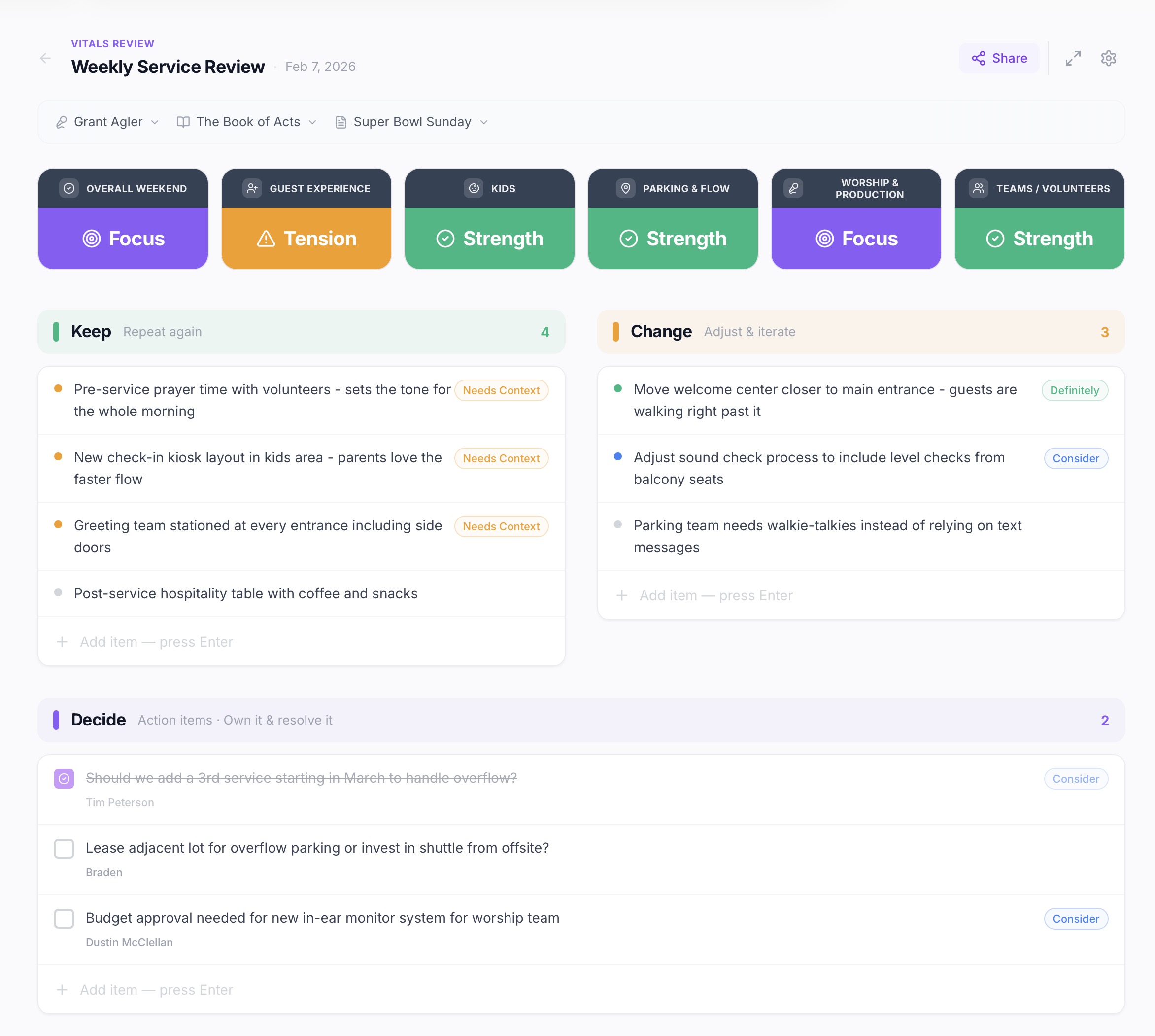 Vitals Review showing weekly service debrief with category scorecards and Keep, Change, Decide columns